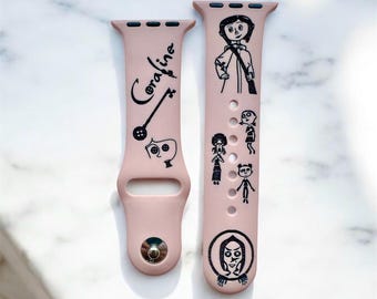 Coraline Engraved Silicone Apple Watch Band: Spooky iWatch Strap Series 3 4 5 6 7 8 9 10 11 Size 40mm 44mm 42mm 45mm 46mm Apple Watch band