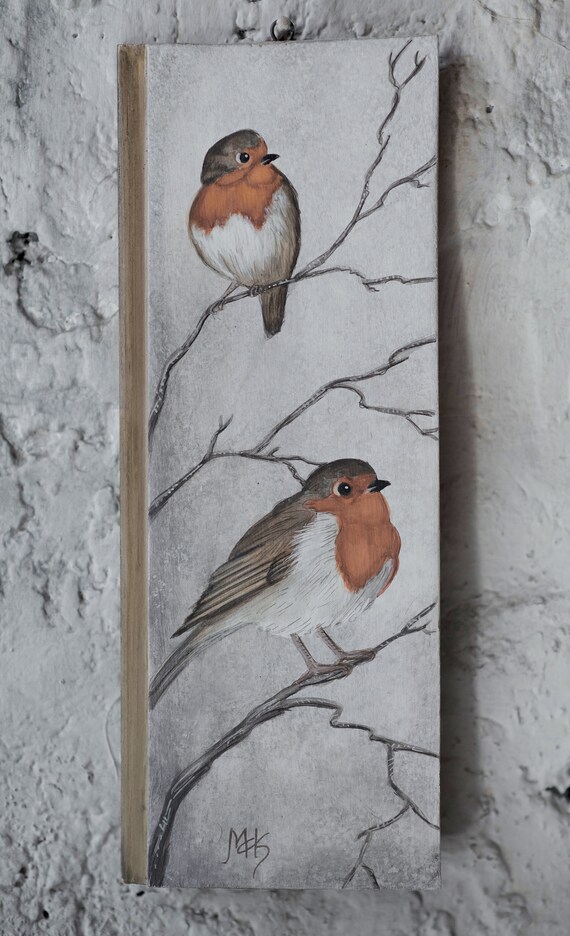 Rotkehlchen Erithacus Rubecula Malerei Auf Treibholz Etsy