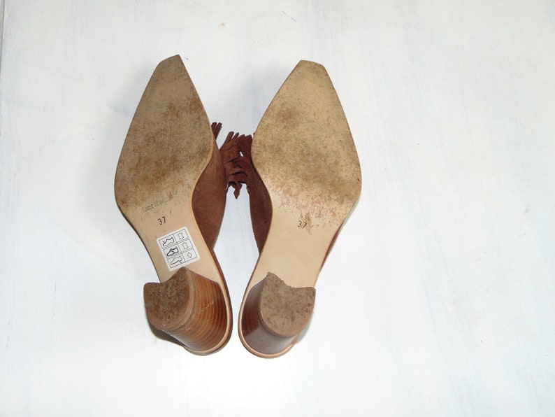 90s Suede leather fringe sandals Chunk heel mules Heel sandal clogs Boho clogs Ladies clogs Women shoes Slipper Size 37 US 6.5
