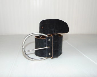 90s Massive buckle leather wide belt Real leather black belt Embossed leather waist belt