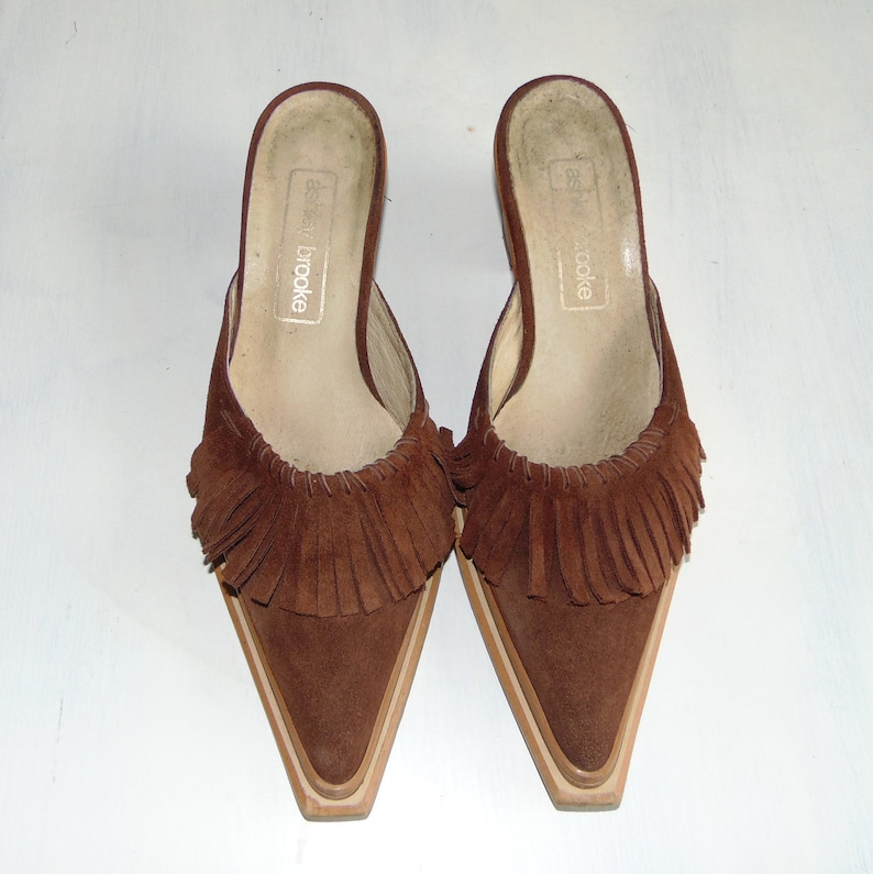 90s Suede leather fringe sandals Chunk heel mules Heel sandal clogs Boho clogs Ladies clogs Women shoes Slipper Size 37 US 6.5
