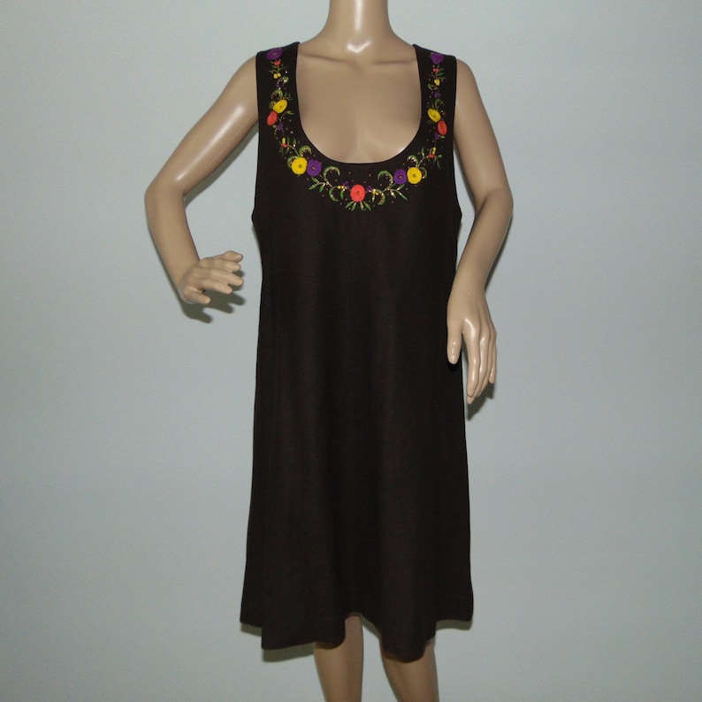 70s Wool country mini dress sundress Embroidered brown alpen folk dress Bavarian warm sleeveless dress A-line dress Size Medium