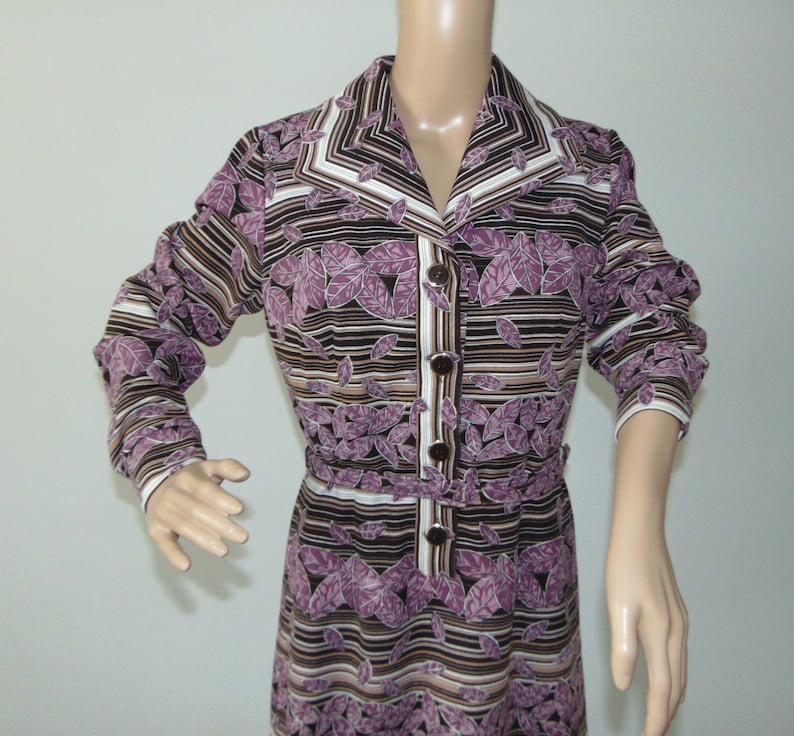 70s Leaf print and Striped midi dress Belted dress Pink brawn Long sleeve dress Elegant dress Office dress Size Large