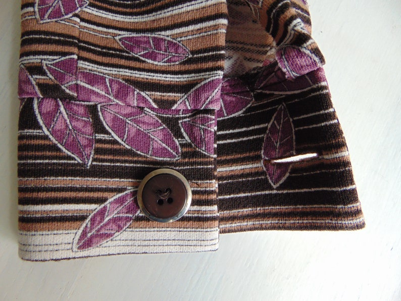 70s Leaf print and Striped midi dress Belted dress Pink brawn Long sleeve dress Elegant dress Office dress Size Large