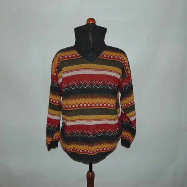 90er Französischer Rollkragen Wolle Strickpullover Bunter Pullover Warmer Pullover Größe Large