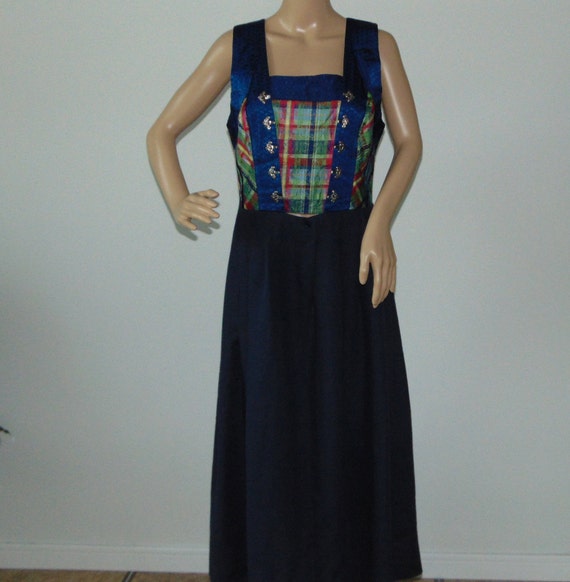 90s Dirndl Silk cotton maxi dress Dark blue Bavari