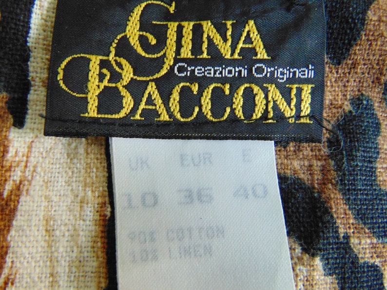 90s GINA BACCONI Animal print linen cotton tunic Button down long vests Sleeveless beige black top Size Small