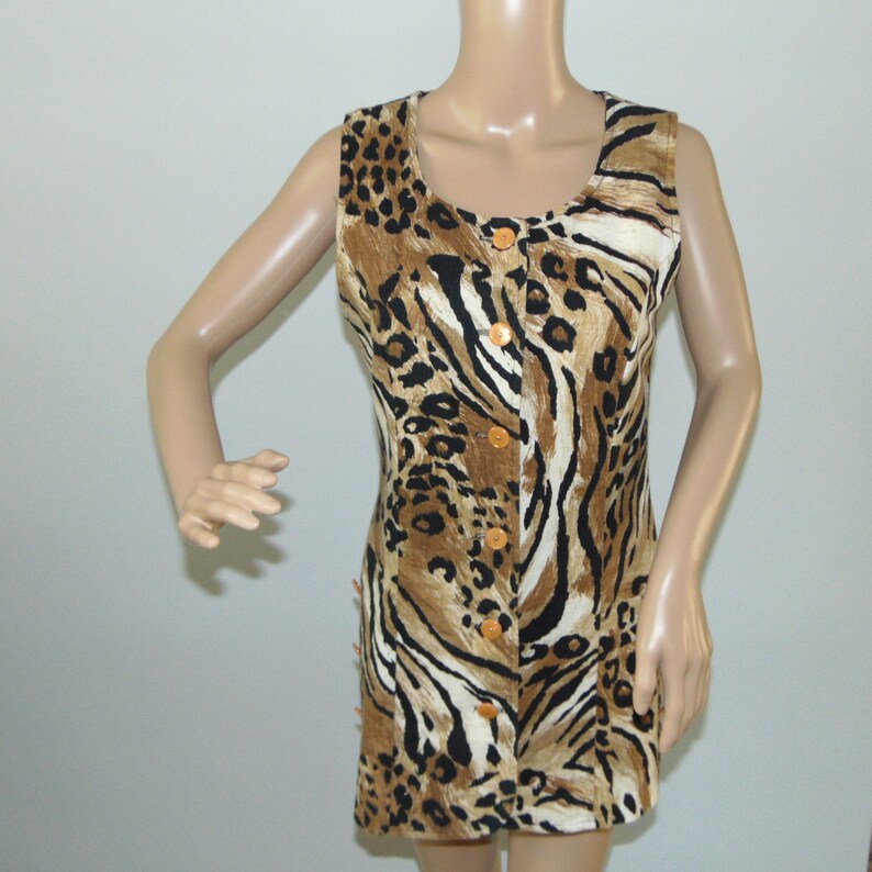 90s GINA BACCONI Animal print linen cotton tunic Button down long vests Sleeveless beige black top Size Small