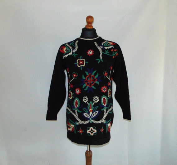 90s Black wool embroidered sweater tunic Oversized