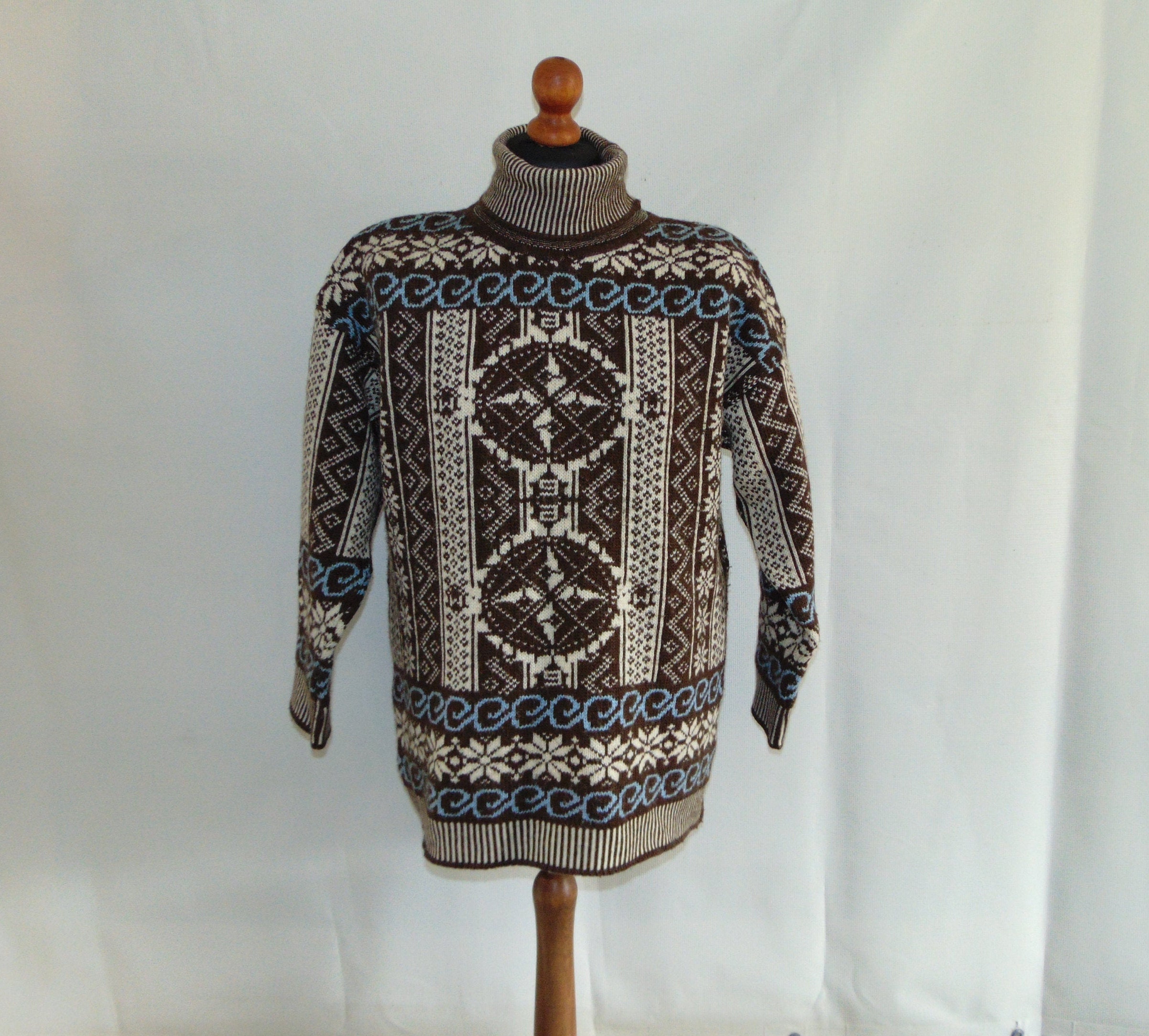 80s Turtleneck wool knit sweater Warm pattern sweater Brown | Etsy
