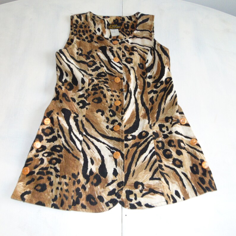 90s GINA BACCONI Animal print linen cotton tunic Button down long vests Sleeveless beige black top Size Small