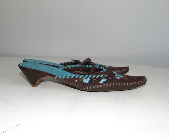 90s Embroidered suede leather mules Bohemian boho