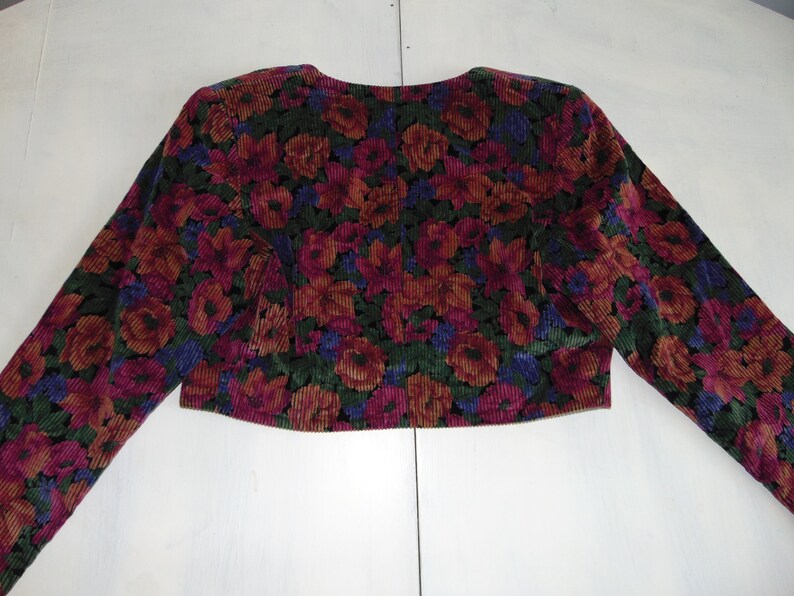 90s Corduroy purple cropped jacket Floral rainbow crop top Party colorful bolero Size Medium