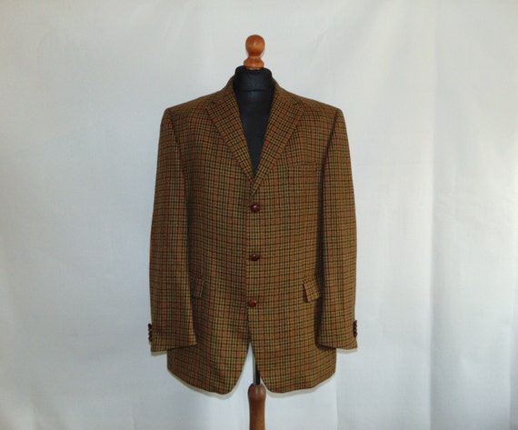 80s Wool plaid men's blazer Houndstooth suit jacke