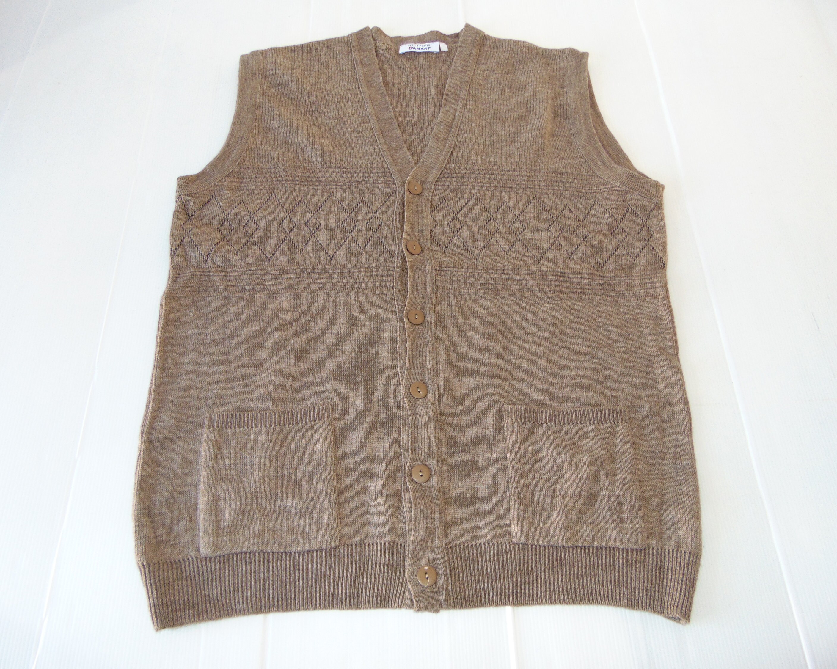 90s Men's wool knit vest Beige waistcoat Chunky grandpa | Etsy