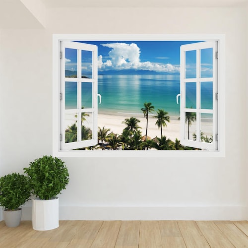 Beach Wall Decal Ocean 3D Beach View Window Mural Sticker Etsy