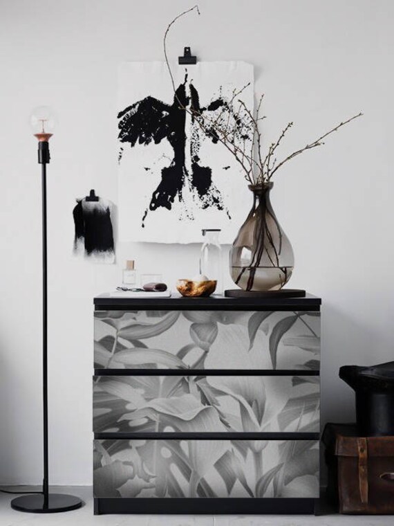 Ikea Malm Dresser Black And White Tripical Flowers Removable Etsy