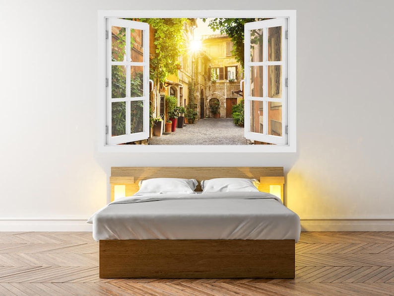 Vinyl Peel and Stick removable Home wall sticker O#63 Wall Decal Vinyl 3D window View of Old street in Trastevere in Rome 3D Wall Art