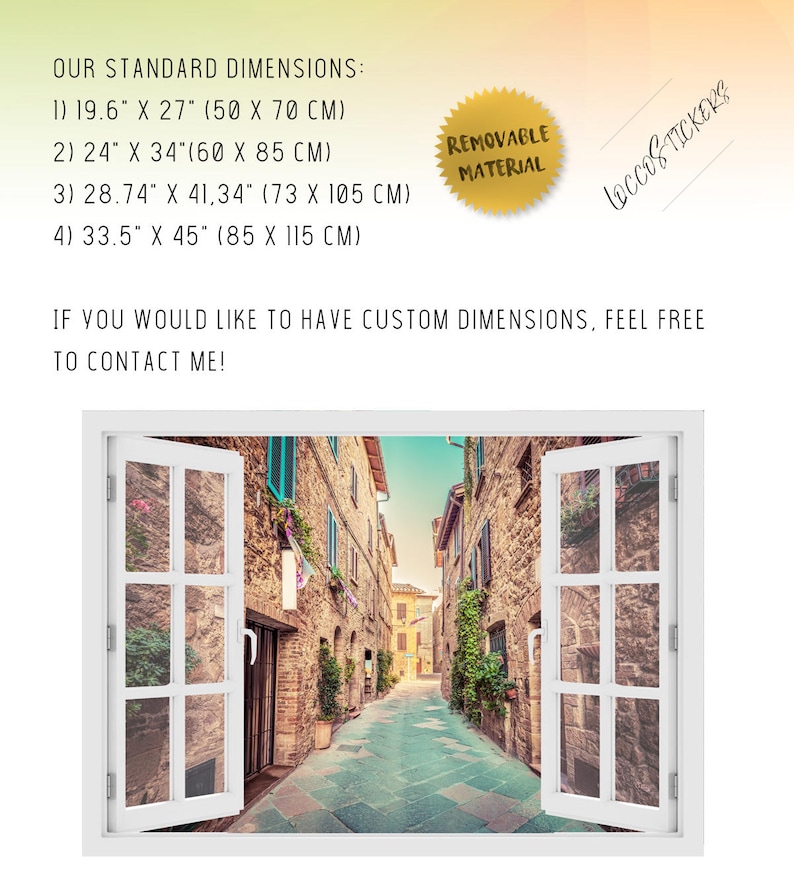 wall sticker 3D Wall Art italy O#62 Vinyl Peel and Stick removable Home italia 3D window Alley in old italian town Wall Decal Vinyl