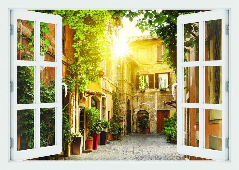 Vinyl Peel and Stick removable Home wall sticker O#63 Wall Decal Vinyl 3D window View of Old street in Trastevere in Rome 3D Wall Art