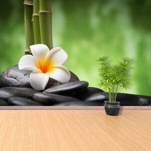 Spa flower peel and stick or classic glue photo mural wallpaper spa concept with zen basalt stones bamboo and Frangipani flower W#116