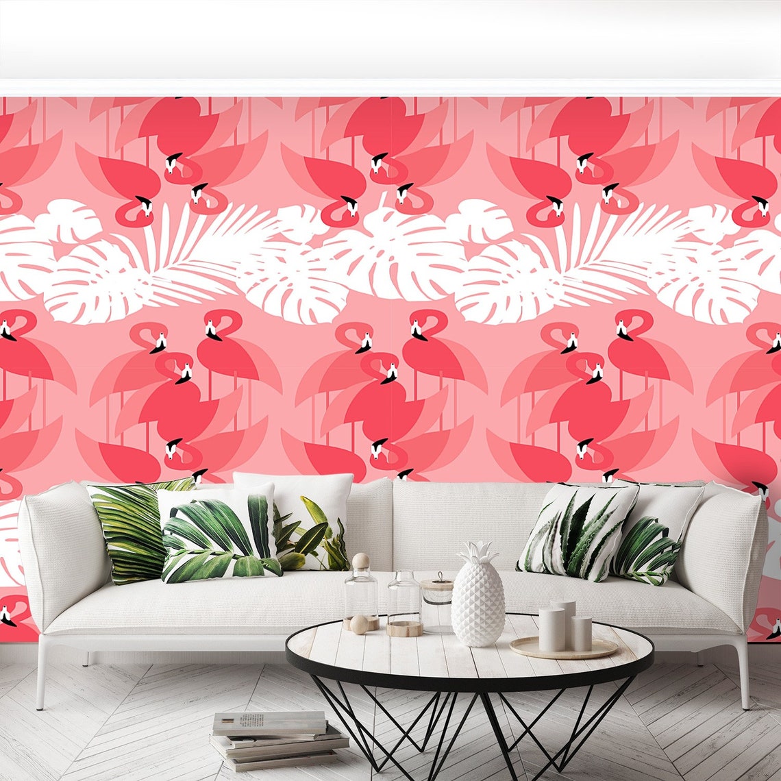 Pink Flamingos Peel&stick or Nonwoven Wallpaper Mural Pink Etsy