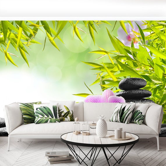 Bamboo /& Orchid peel and stick or classic glue wallpaper mural spa concept with zen stones and orchid vlies peel and stick photo W#220