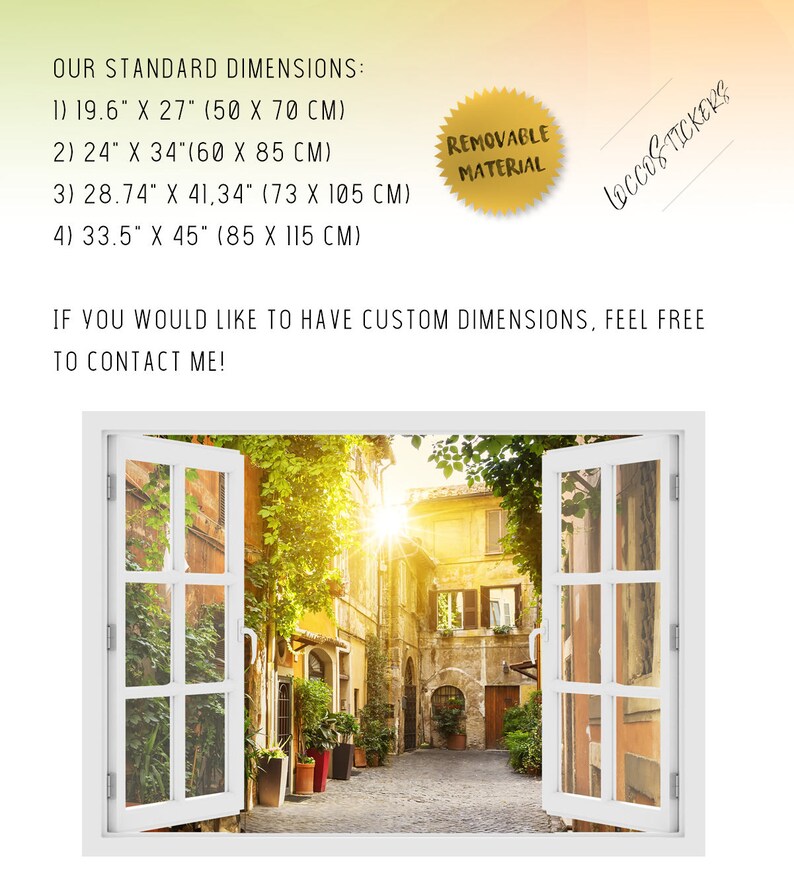 Vinyl Peel and Stick removable Home wall sticker O#63 Wall Decal Vinyl 3D window View of Old street in Trastevere in Rome 3D Wall Art
