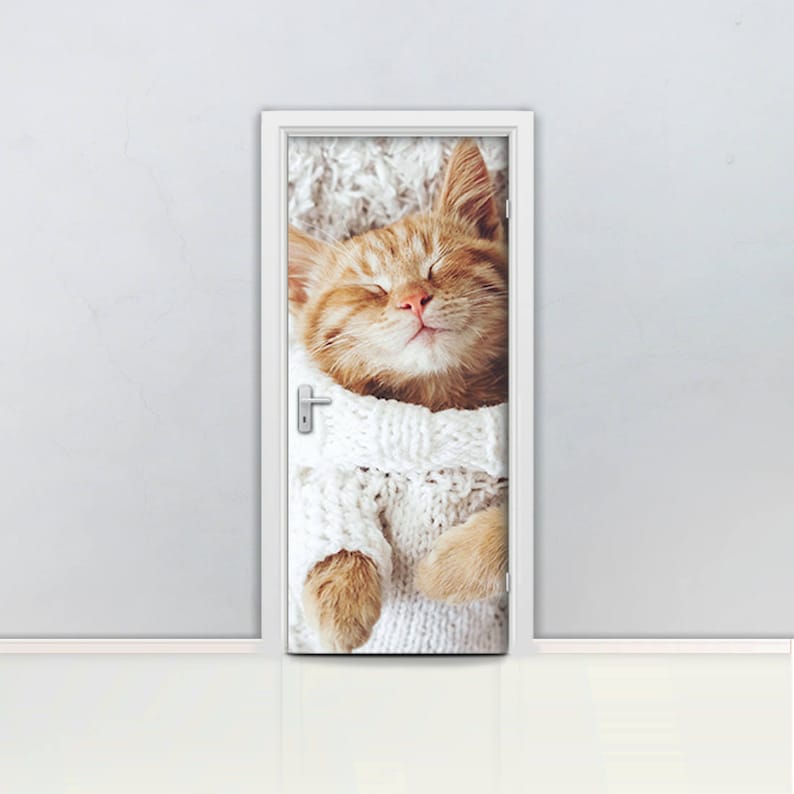 D#132 pet sticker door love white removable peel /& stick door covering lovable cute Sleeping Cat Door mural Self adhesive door wrap