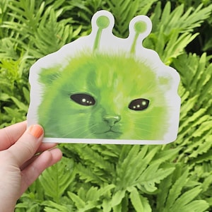 May include: A green sticker depicting a cat's face with alien antennae. The cat has black eyes, set against green foliage. The sticker is held by a hand with orange nail varnish.