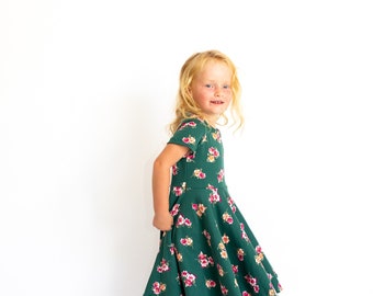 little girls dress-green with pink and orange floral dress-toddler outfit-twirl dress-knee length-toddler outfit-handmade-tween dress