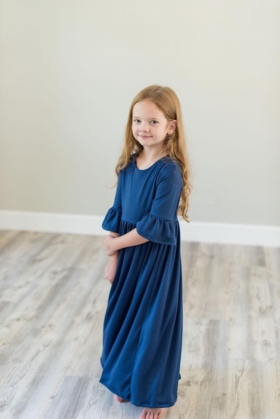 Solid Navy Blue Little Girls Maxi Dress-Modest Dress-Maxi length-Chrostmas dress-bridesmaid Dress