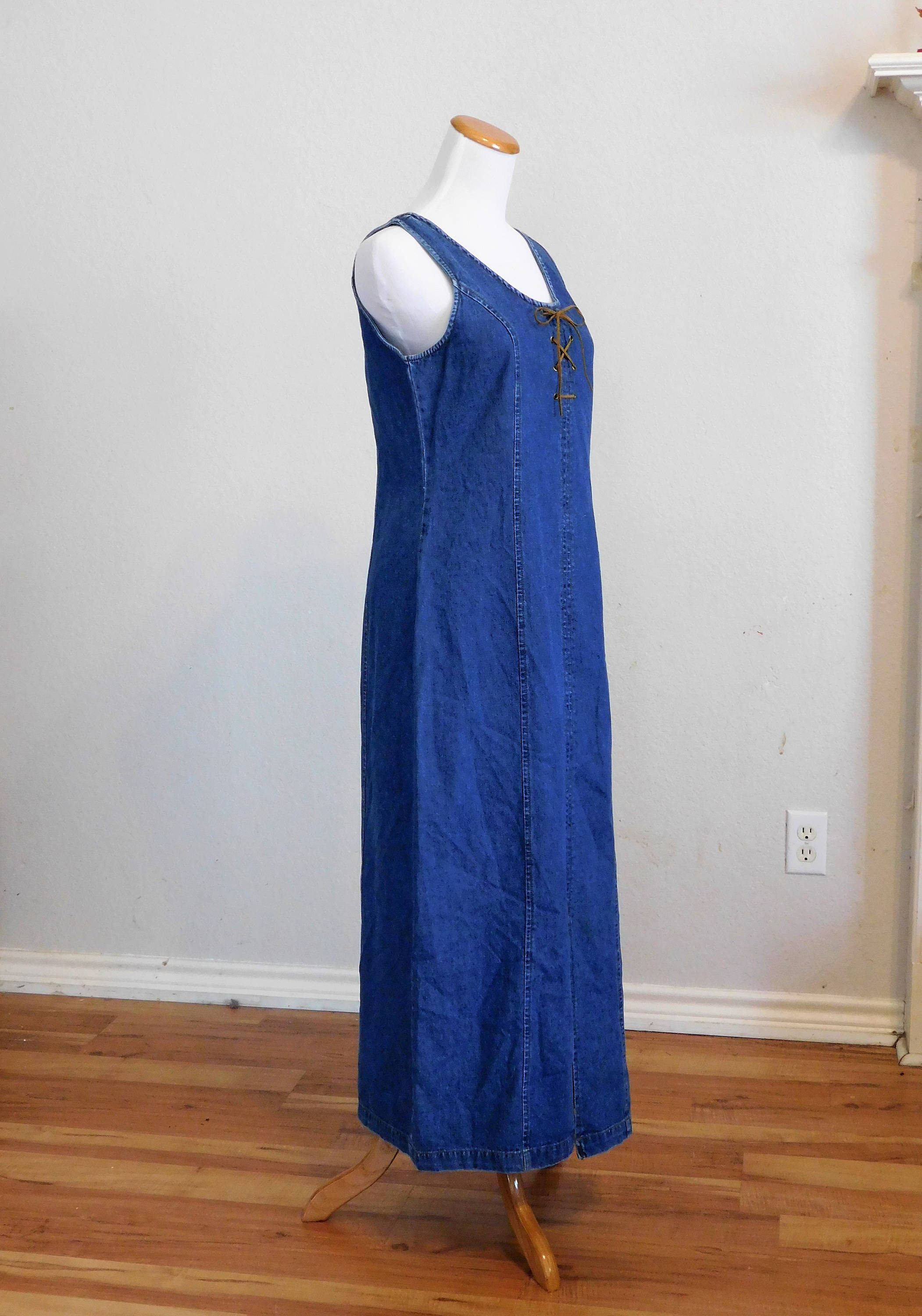 Long BLUE DENIM Maxi Sheath Dress Lace up 100% cotton Country | Etsy
