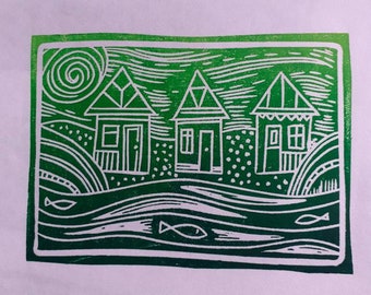 Little Beachhuts, handprinted original linocut