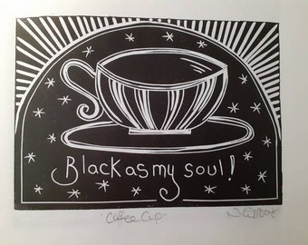 Coffee Cup. Black original linocut of a black coffee