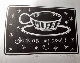 Coffee. Black original linocut of a black coffee