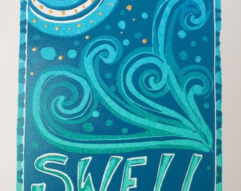 Swell. Original reduction linocut print. Limited edition of 8. Surf and waves. Shades of blue & green, finished with gold.