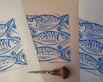 Three Fat Fishies! Original linocut on Awagami Washi paper.