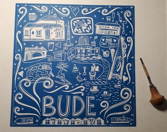 Bude, Cornwall, original linocut in blue.