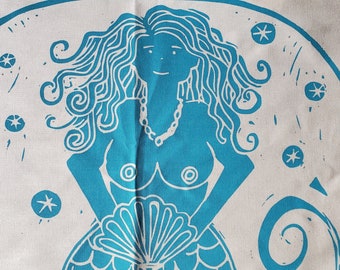 Mermaid Pearl Teal & Cream tea towel based on an original linocut.