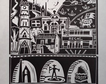 Redruth Cornwall -  original linocut in smart black and white. All my favourite bits of Druth!