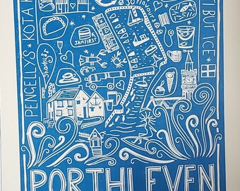 Porthleven, original doodly style linocut.