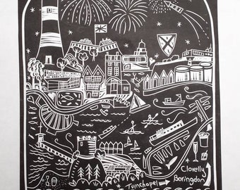 Across the Water, Plymouth & Mountbatten original linocut