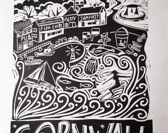 The Duchy -  original linocut in smart black and white. All my favourite bits of Cornwall