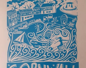 The Duchy -  original linocut in smart blue and white. All my favourite bits of Cornwall