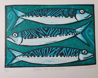 Catch Me If You Can. Original linocut print. Limited edition of 12. Mackerel in shades of blue & green.