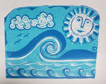 Big Wave, original linocut.