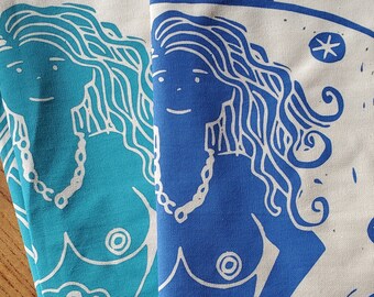 Mermaid Pearl  Atlantic Blue & Cream tea towel based on an original linocut.