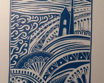 Coates - my local engine house. Blue and white original linocut