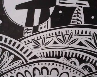 The Stones - An original linocut with a nod towards Lanyon Quoit standing stones in Cornwall. Black and white original linocut